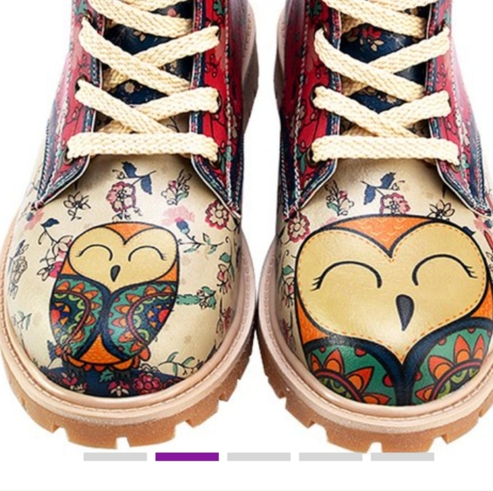 Goby Wise 🦉 Owl floral Lace up combat boots vegan faux leather Quirky RARE - Picture 2 of 15